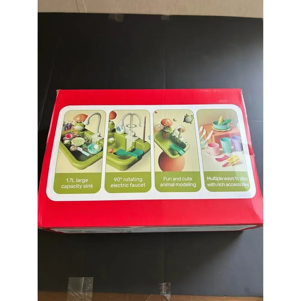 Cute Stone Play Kitchen Sink Toy w/ Running Water Faucet & Fishing Accessories
